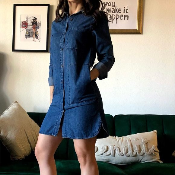 Dresses & Skirts - Long Sleeve Dark Blue Denim Dress Long Sleeve Size S